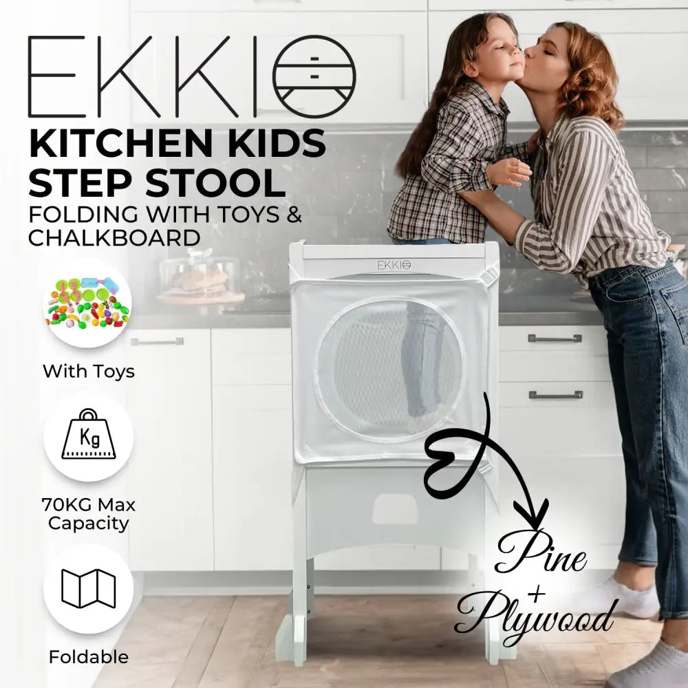 EKKIO Folding Kitchen Kids Step Stool with Chalkboard- Saturn Moon Square and Star Shape Design (White) EK-KSS-100-LFA