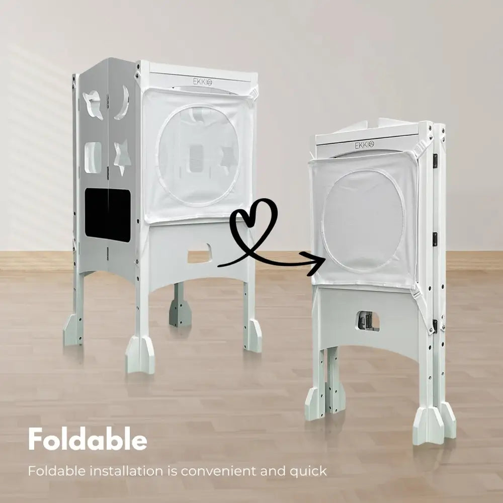 EKKIO Folding Kitchen Kids Step Stool with Chalkboard- Saturn Moon Square and Star Shape Design (White) EK-KSS-100-LFA