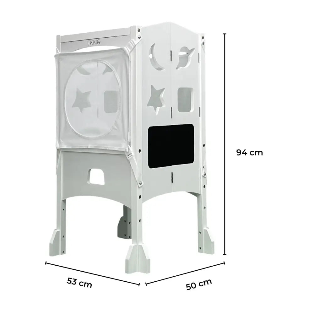 EKKIO Folding Kitchen Kids Step Stool with Chalkboard- Saturn Moon Square and Star Shape Design (White) (Without Toy)