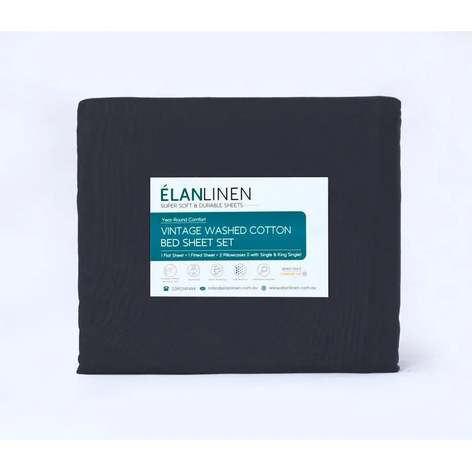 Elan Linen 100% Egyptian Cotton Vintage Washed 500TC Charcoal Single Bed Sheets Set - Home & Garden > Bedding