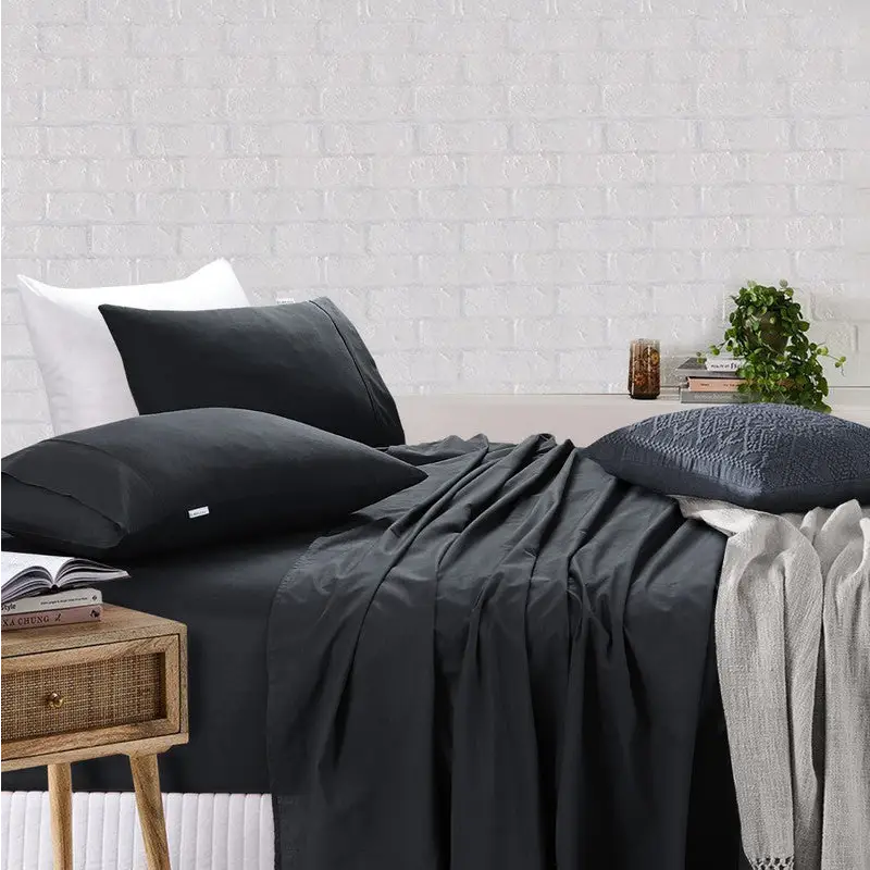 Elan Linen 100% Egyptian Cotton Vintage Washed 500TC Charcoal Single Bed Sheets Set - Home & Garden > Bedding