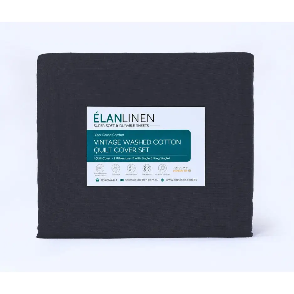 Elan Linen 100% Egyptian Cotton Vintage Washed 500TC Charcoal Single Bed Sheets Set - Home & Garden > Bedding