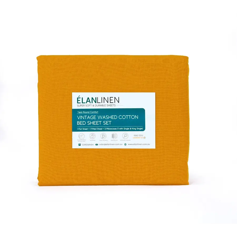 Elan Linen 100% Egyptian Cotton Vintage Washed 500TC Mustard Single Bed Sheets Set - Home & Garden > Bedding