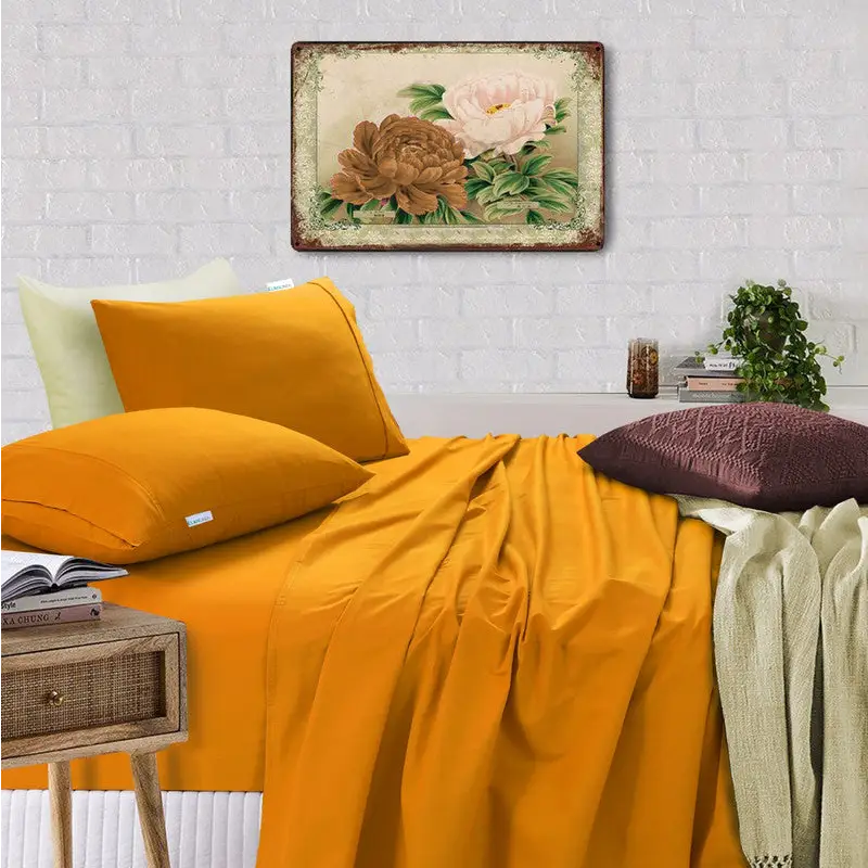 Elan Linen 100% Egyptian Cotton Vintage Washed 500TC Mustard Single Bed Sheets Set - Home & Garden > Bedding