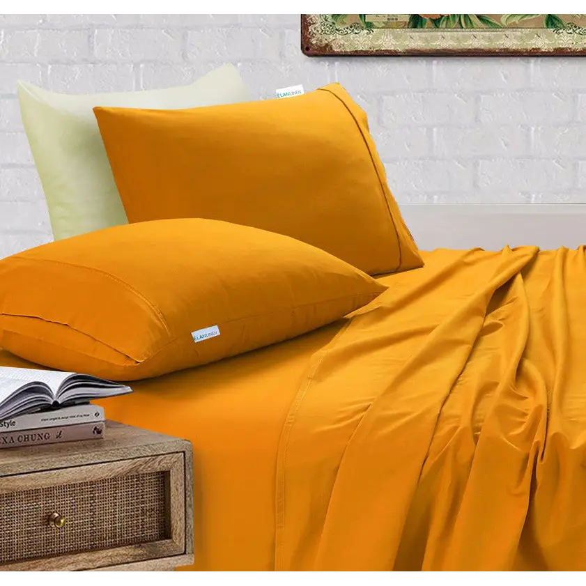 Elan Linen 100% Egyptian Cotton Vintage Washed 500TC Mustard Single Bed Sheets Set - Home & Garden > Bedding