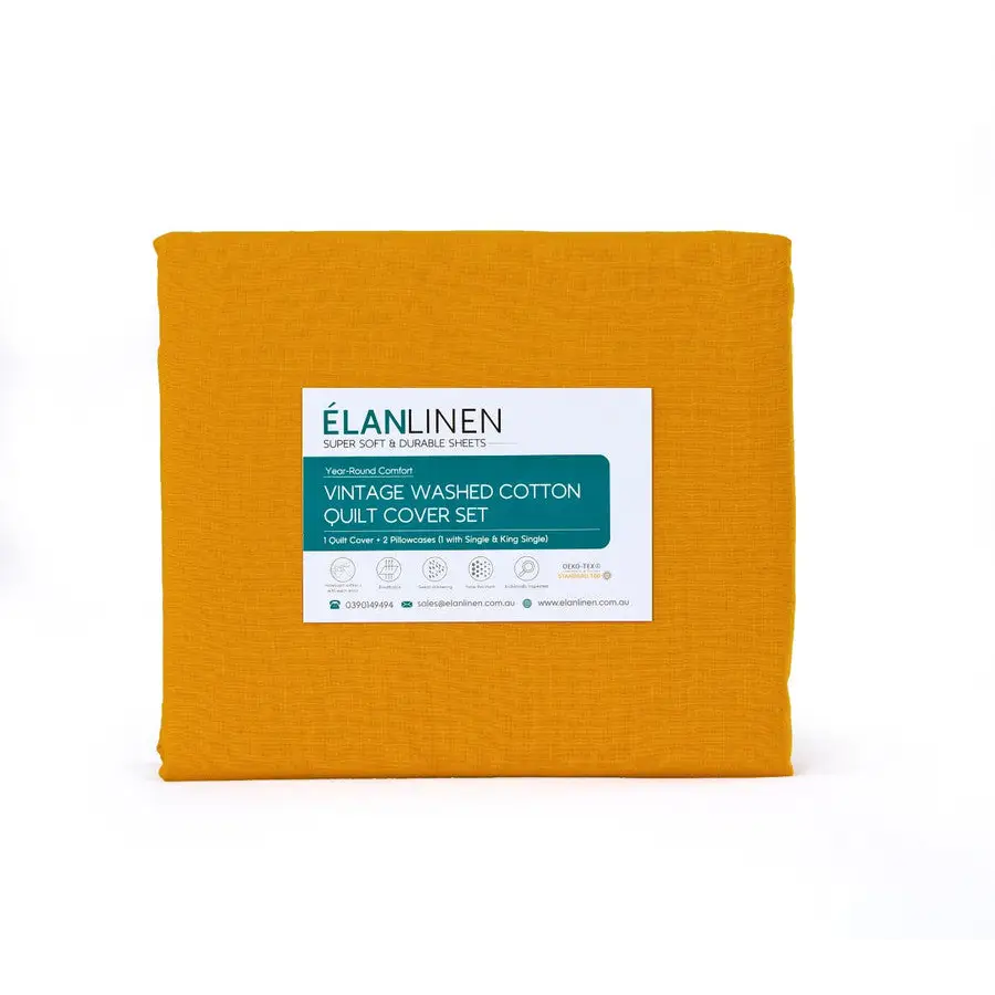 Elan Linen 100% Egyptian Cotton Vintage Washed 500TC Mustard Single Bed Sheets Set - Home & Garden > Bedding
