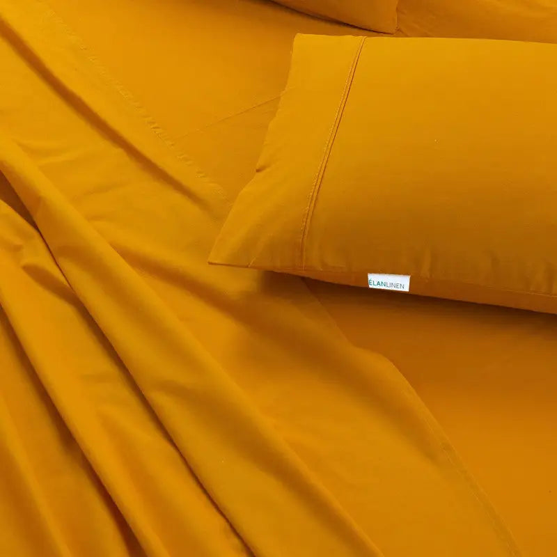 Elan Linen 100% Egyptian Cotton Vintage Washed 500TC Mustard Single Bed Sheets Set - Home & Garden > Bedding