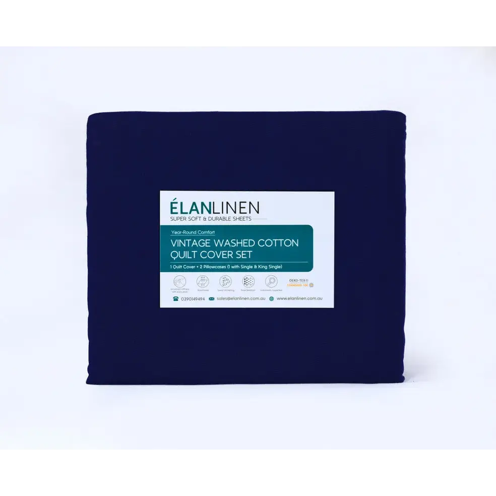 Elan Linen 100% Egyptian Cotton Vintage Washed 500TC Navy Blue Queen Bed Sheets Set - Home & Garden > Bedding