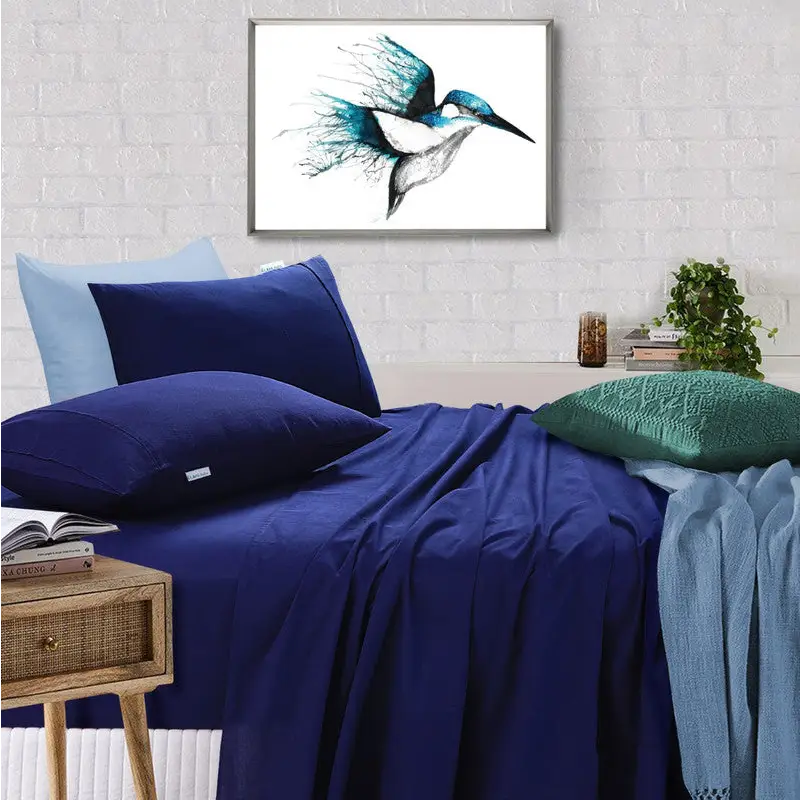 Elan Linen 100% Egyptian Cotton Vintage Washed 500TC Navy Blue Queen Bed Sheets Set - Home & Garden > Bedding