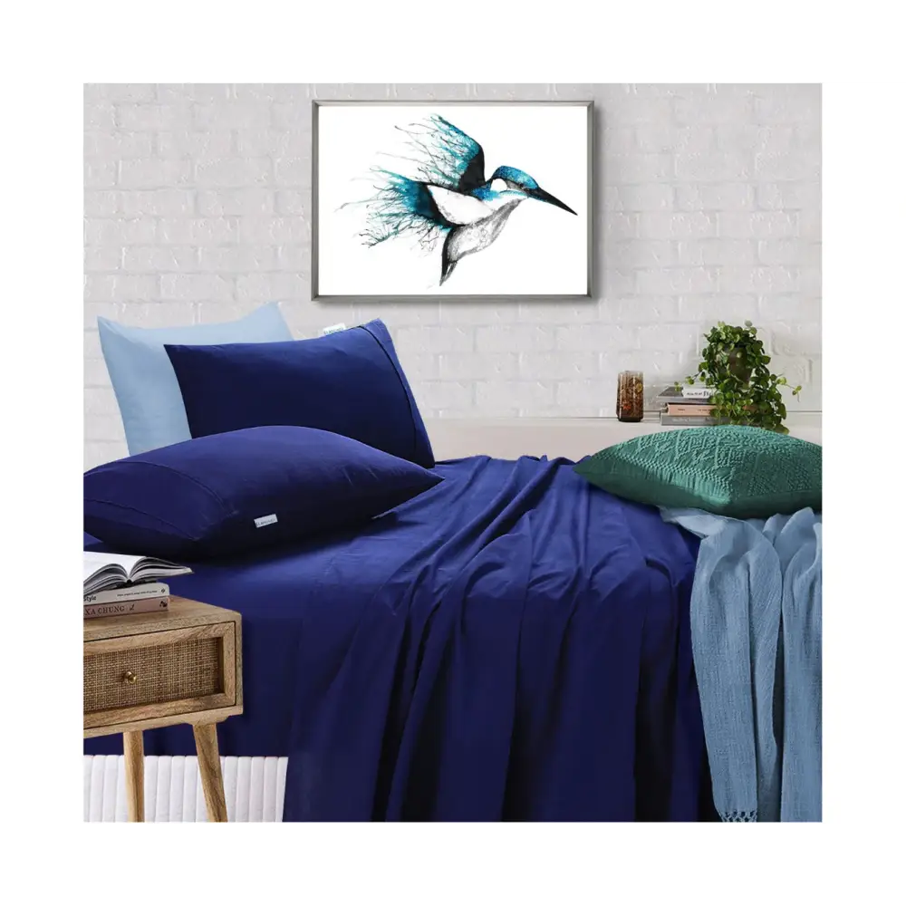Elan Linen 100% Egyptian Cotton Vintage Washed 500TC Navy Blue Single Bed Sheets Set - Home & Garden > Bedding
