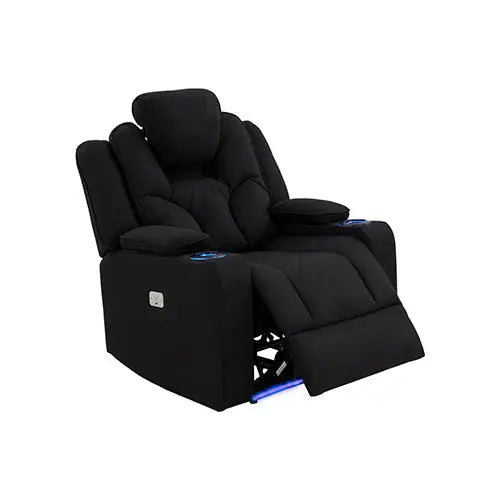 Electric Recliner Stylish Rhino Fabric Black 1 Seater Lounge Armchair with LED Features - Furniture > Living Room