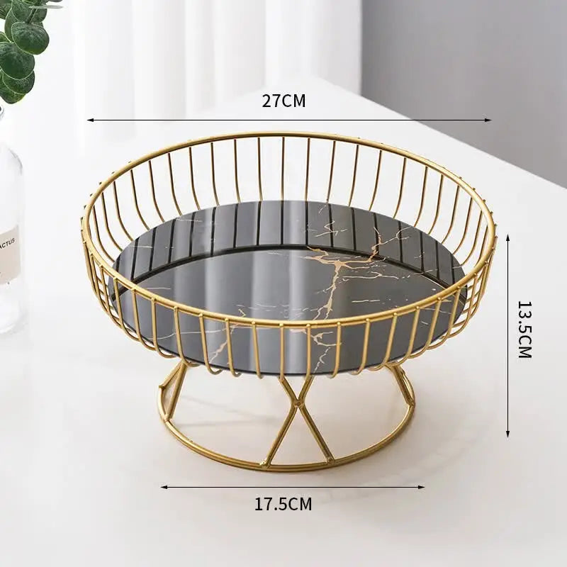 Elegant Iron Art Glass Serving Tray(Black Glass) -Round Design with Gold Finish 27*13.5*17.5cm - Home & Garden >