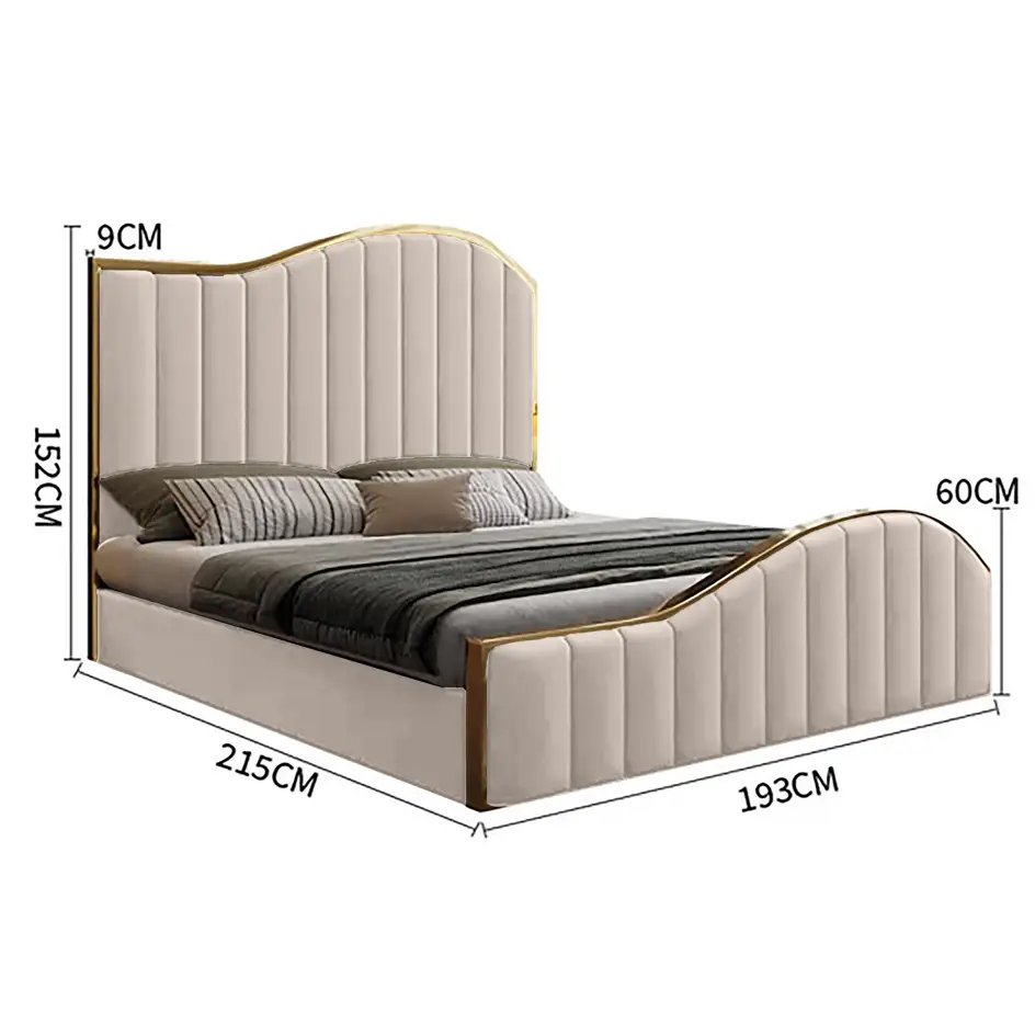 Elegant Luxury King Size Bedframe in Beige with Gas Lift Storage Velvet Fabric Golden Trim - Furniture > Bedroom > Beds