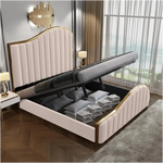 Elegant Luxury King Size Bedframe in Beige with Gas Lift Storage Velvet Fabric Golden Trim - Furniture > Bedroom > Beds