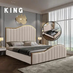 Elegant Luxury King Size Bedframe in Beige with Gas Lift Storage Velvet Fabric Golden Trim - Furniture > Bedroom > Beds