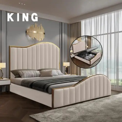 Elegant Luxury King Size Bedframe in Beige with Gas Lift Storage Velvet Fabric Golden Trim - Furniture > Bedroom > Beds