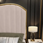 Elegant Luxury King Size Bedframe in Beige with Gas Lift Storage Velvet Fabric Golden Trim - Furniture > Bedroom > Beds