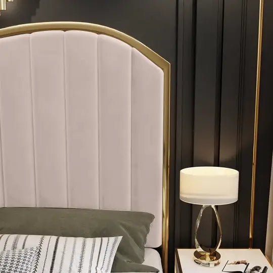 Elegant Luxury King Size Bedframe in Beige with Gas Lift Storage Velvet Fabric Golden Trim - Furniture > Bedroom > Beds