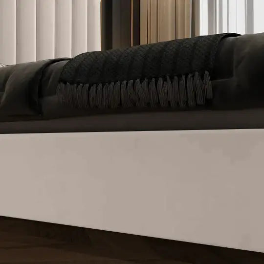Elegant Luxury King Size Bedframe in Beige with Gas Lift Storage Velvet Fabric Golden Trim - Furniture > Bedroom > Beds