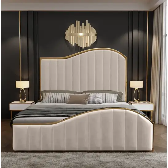 Elegant Luxury King Size Bedframe in Beige with Gas Lift Storage Velvet Fabric Golden Trim - Furniture > Bedroom > Beds