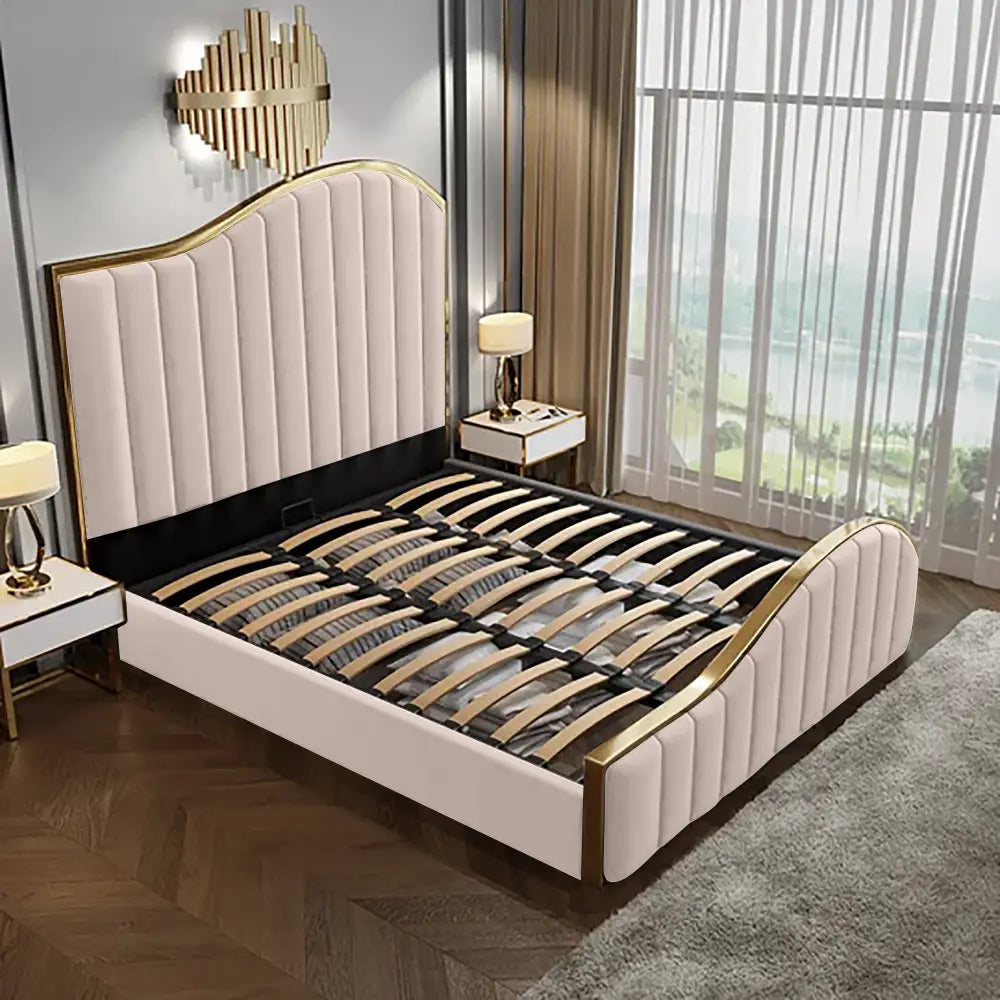 Elegant Luxury King Size Bedframe in Beige with Gas Lift Storage Velvet Fabric Golden Trim - Furniture > Bedroom > Beds
