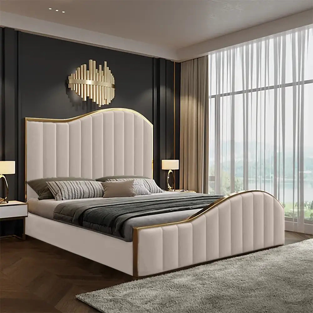 Elegant Luxury King Size Bedframe in Beige with Gas Lift Storage Velvet Fabric Golden Trim - Furniture > Bedroom > Beds
