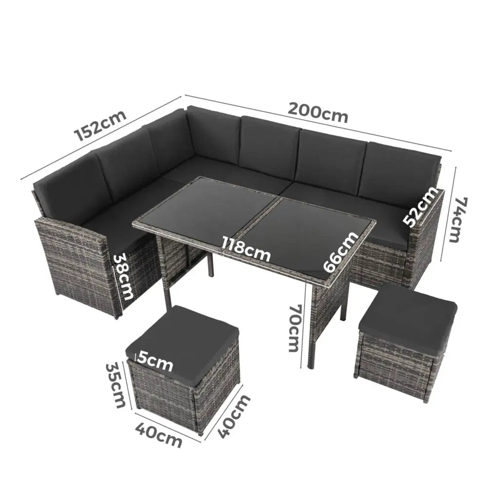 Ella 8-Seater Modular Outdoor Garden Lounge and Dining Set with Table and Stools in Dark Grey Weave - Furniture >