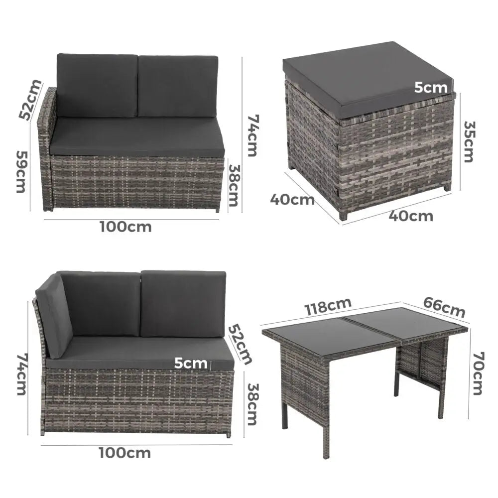 Ella 8-Seater Modular Outdoor Garden Lounge and Dining Set with Table and Stools in Dark Grey Weave - Furniture >