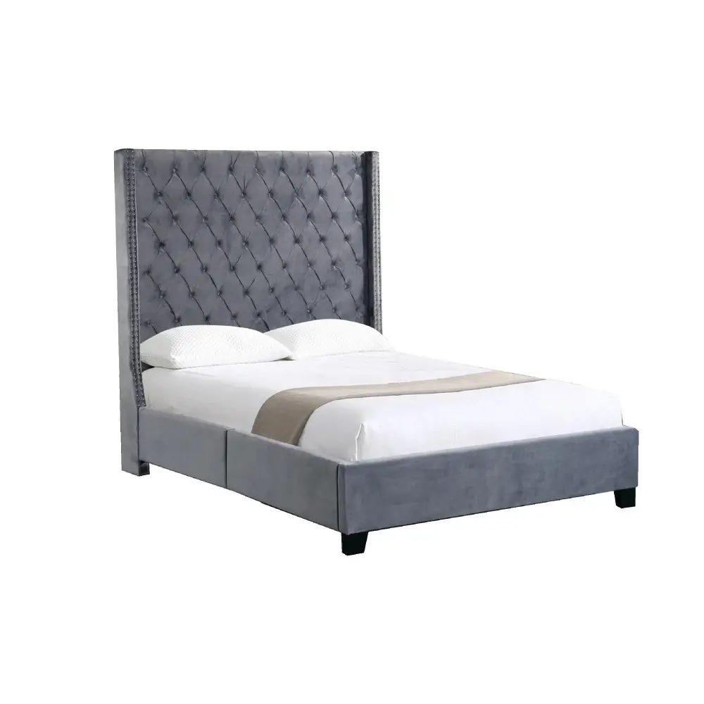Ella Winged Bed 180cm - King Size - Grey Velvet - Furniture > Bedroom