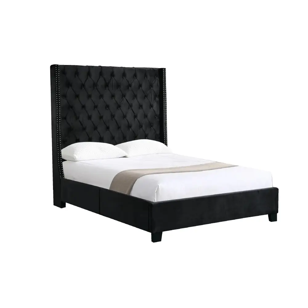 Ella Winged Bed 180cm - Queen Size - Black Velvet - Furniture > Bedroom
