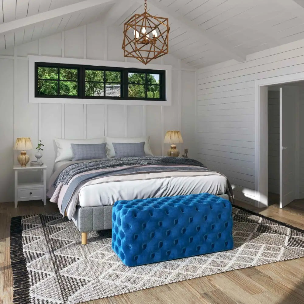 Elsa Navy Blue Velvet Ottoman-Rectangular - Furniture > Bedroom