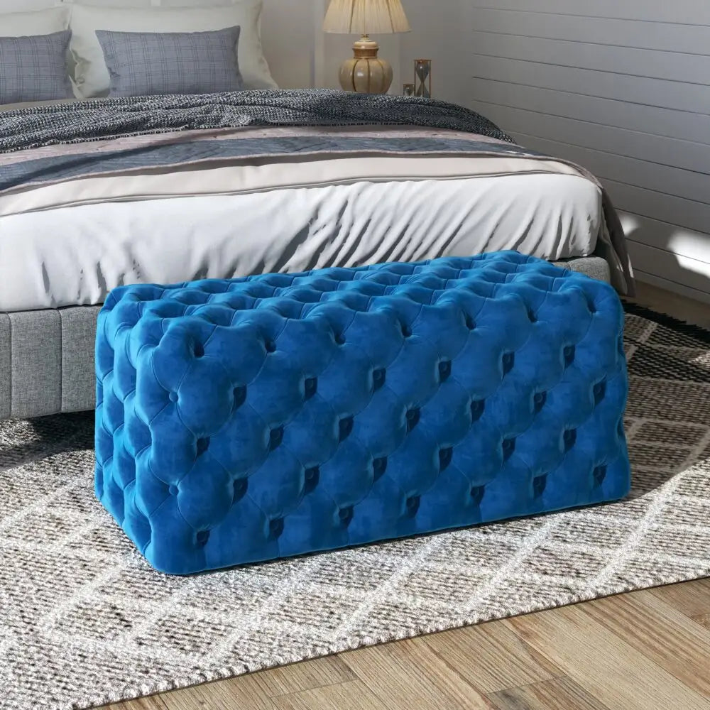 Elsa Navy Blue Velvet Ottoman-Rectangular - Furniture > Bedroom