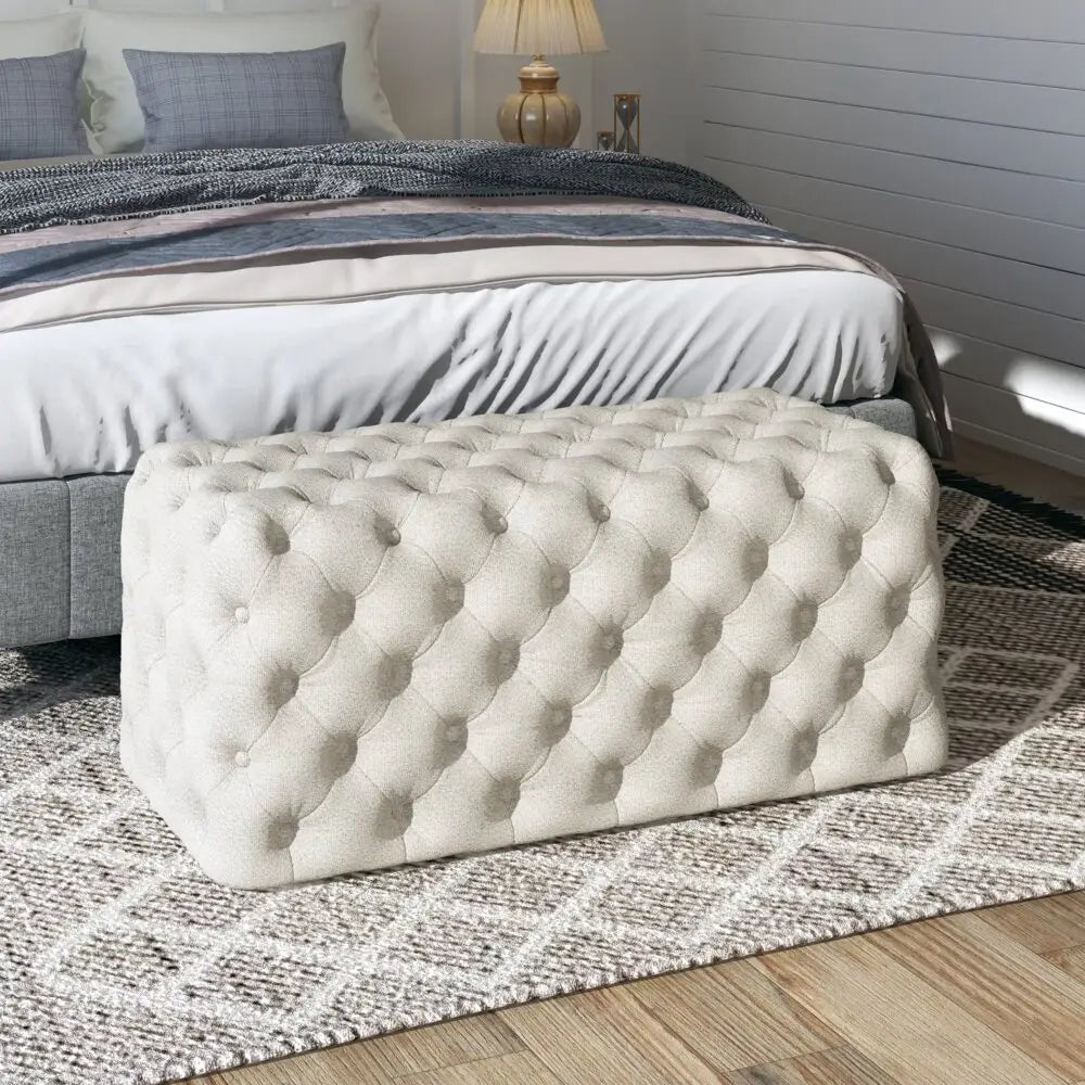 Elsa Tufted Ottoman Beach Boucle White-Rectangular - Furniture > Bedroom