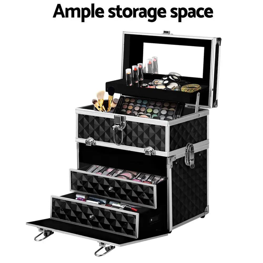 Embellir Portable Cosmetic Beauty Makeup Carry Case with Mirror - Diamond Black - Health & Beauty > Cosmetic Storage >
