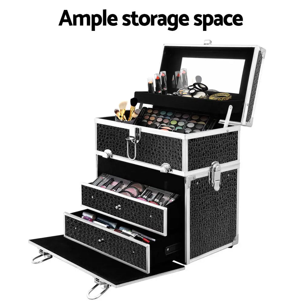 Embellir Portable Cosmetic Beauty Makeup Carry Case with Mirror - Crocodile Black - Health & Beauty > Cosmetic Storage