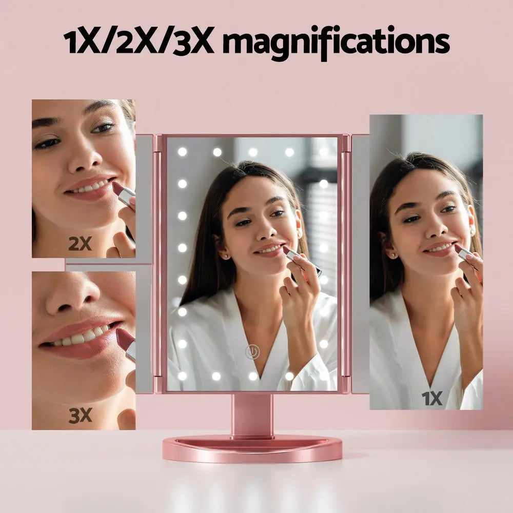 Embellir Tri-fold Makeup Mirror 1X2X3X Magnifying with LED Light Travel Portable Pink - Health & Beauty > Makeup >
