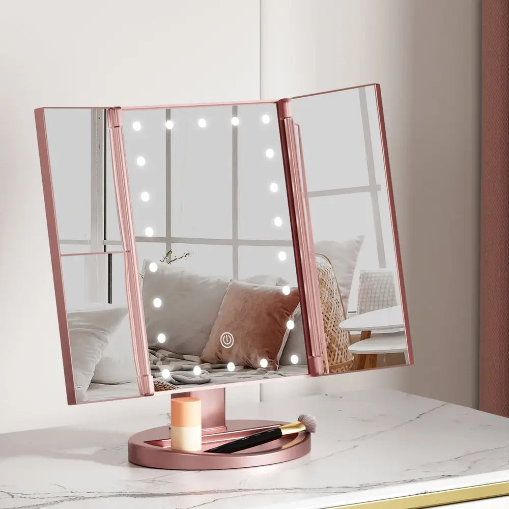 Embellir Tri-fold Makeup Mirror 1X2X3X Magnifying with LED Light Travel Portable Pink - Health & Beauty > Makeup >