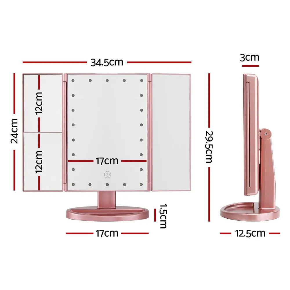 Embellir Tri-fold Makeup Mirror 1X2X3X Magnifying with LED Light Travel Portable Pink - Health & Beauty > Makeup >