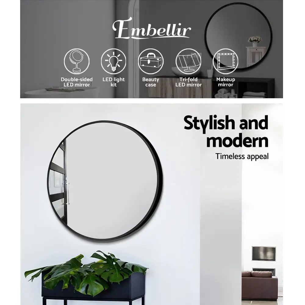 Embellir Wall Mirror Makeup 70cm Home Decor Framed Mirrors Bathroom Round Black - Health & Beauty > Makeup > Makeup