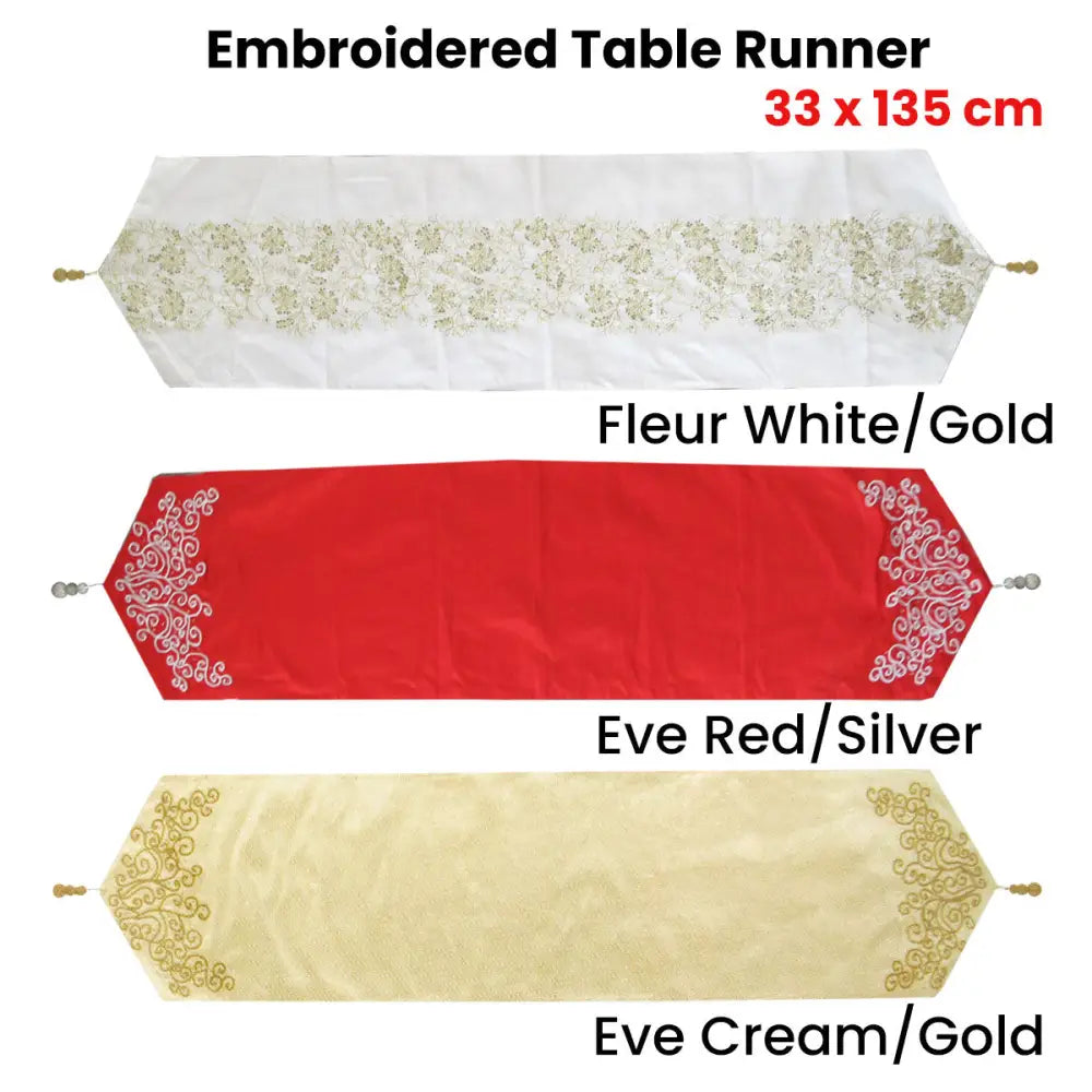 Embroidered Faux Silk Table Runner 33 x 135 cm Eve Cream Gold - Home & Garden > Kitchenware