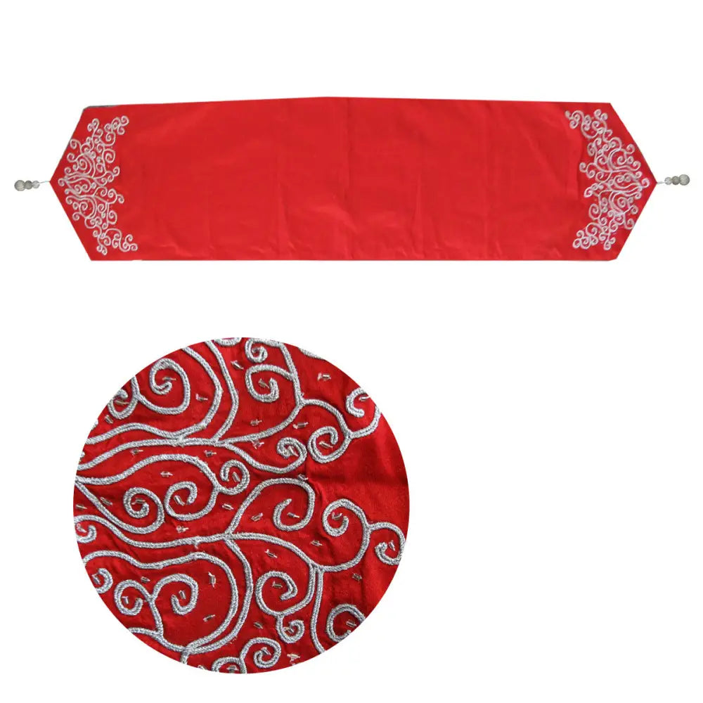 Embroidered Faux Silk Table Runner 33 x 135 cm Eve Red Silver - Home & Garden > Kitchenware