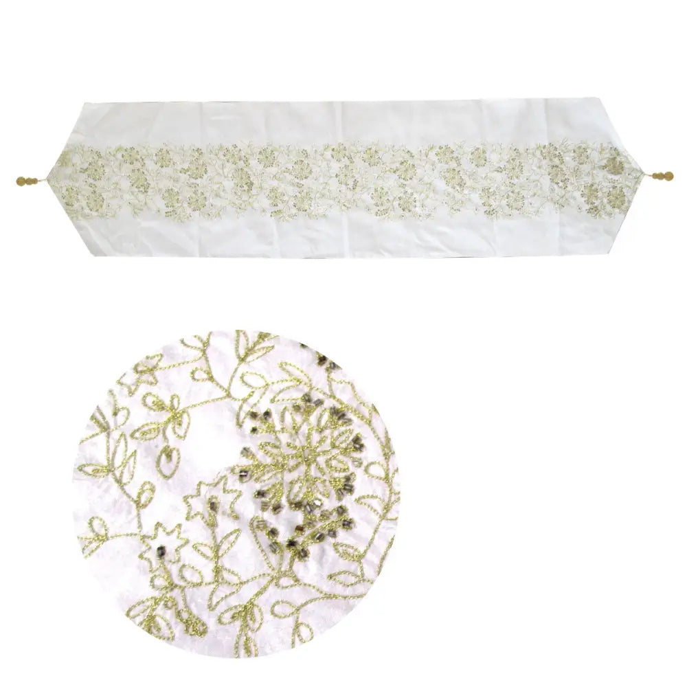 Embroidered Faux Silk Table Runner 33 x 135 cm Fleur White Gold - Home & Garden > Kitchenware