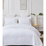 Embroidered Vivid White 100% Cotton Quilted 3 pcs Bedspread Coverlet Set Super King - Home & Garden > Bedding > Quilts