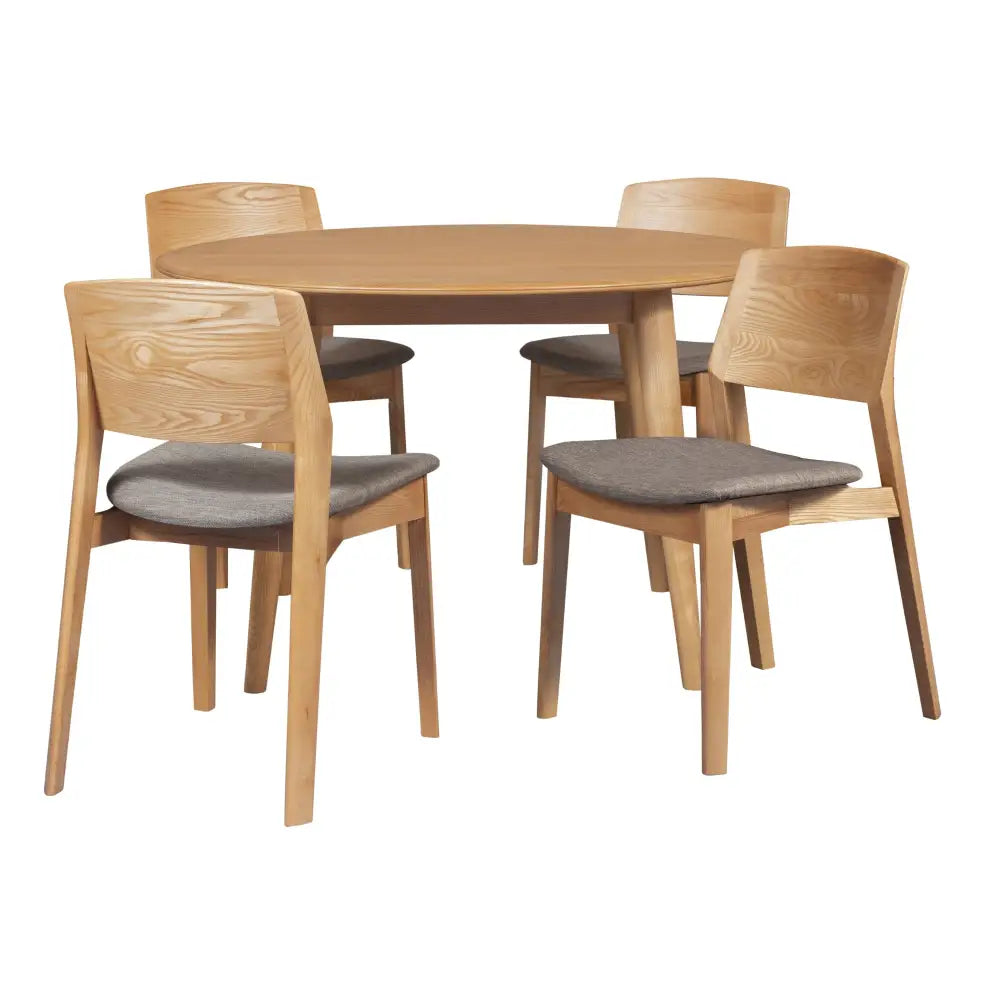 Emilio 5pc 120cm Round Dining Table Set Fabric Chair Solid Ash Wood Oak - Furniture > Dining