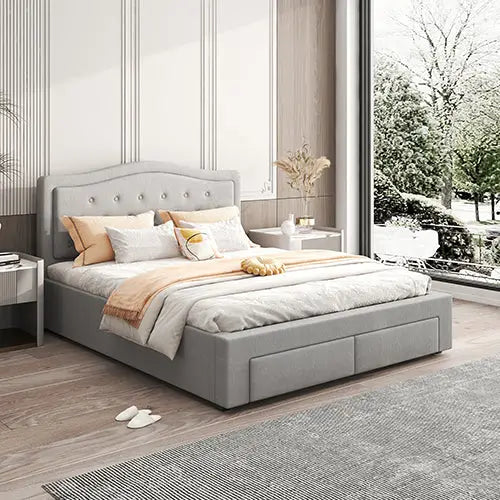 Emily Bed Frame Queen Size Velvet Fabric Grey Four MDF Drawers with Wheels - Furniture > Bedroom > Beds & Bed Frames