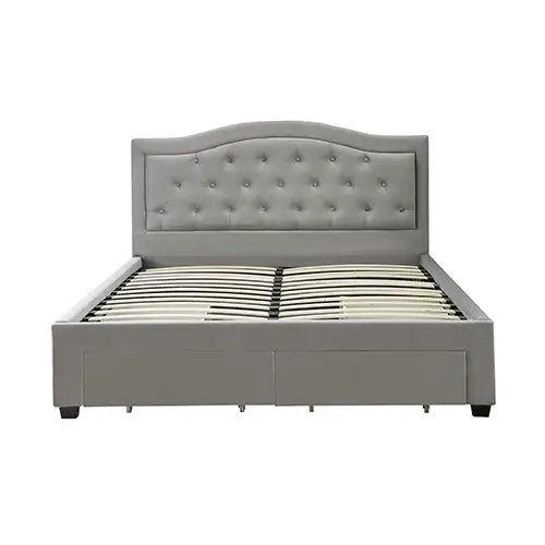 Emily Bed Frame Queen Size Velvet Fabric Grey Four MDF Drawers with Wheels - Furniture > Bedroom > Beds & Bed Frames
