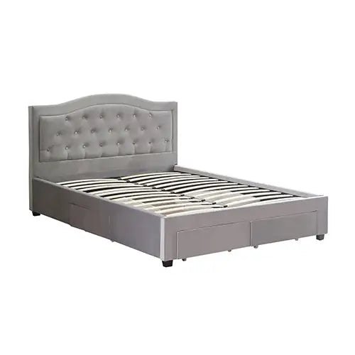 Emily Bed Frame Queen Size Velvet Fabric Grey Four MDF Drawers with Wheels - Furniture > Bedroom > Beds & Bed Frames