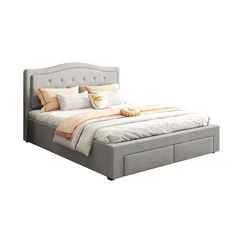 Emily Bed Frame Queen Size Velvet Fabric Grey Four MDF Drawers with Wheels - Furniture > Bedroom > Beds & Bed Frames