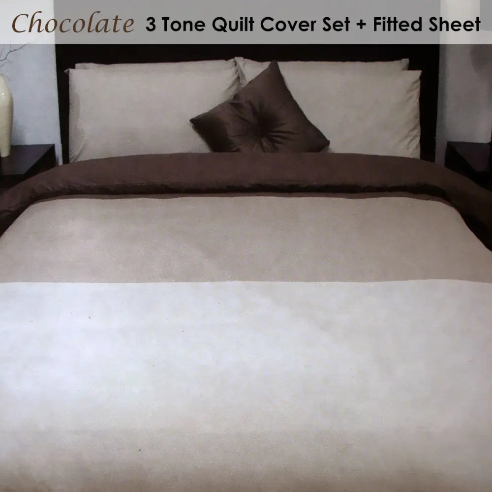 Essentially Home Living Chocolate 3 Tone Quilt Cover Set + Fitted Sheet Double - Home & Garden > Bedding