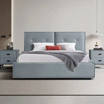 Estella Queen Bed Frame with Upholstered Fabric in Grey Blue, Modern Bedroom Furniture with Button-Tufted Headboard and Slatted Base - Ideal for Contemporary Australian Homes